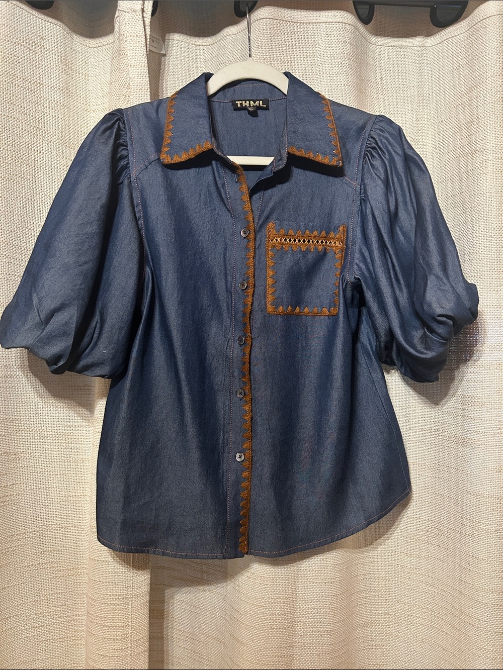 THML Indigo Puff-Sleeve Button-Down Shirt with Brown Trim